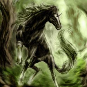 Licorne Noire Majestueuse dans la Forêt