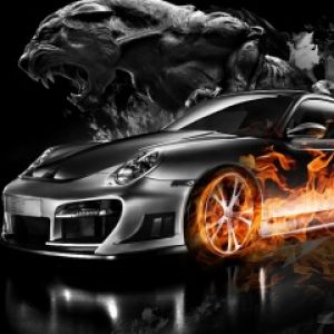 Voiture de Sport Enflammée avec Panthère