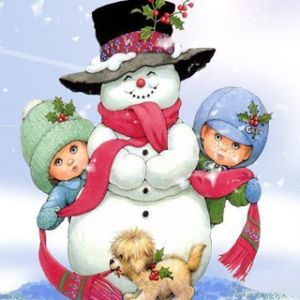 Bonhomme de neige avec enfants et chien