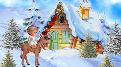 Scène d'hiver mignonne avec poupée et âne