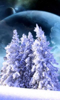 Arbres Enneigés Sous un Ciel Cosmique