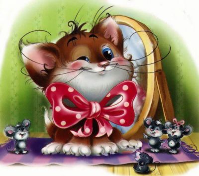 Chat Mignon avec Nœud et Souris